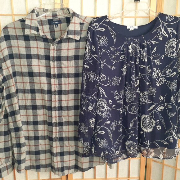 LOT OF 2 CROFT & BARROW TOPS PLAID FLANNEL FLORAL PLEATED BLOUSE-WOMENS SIZE XL - Picture 2 of 5